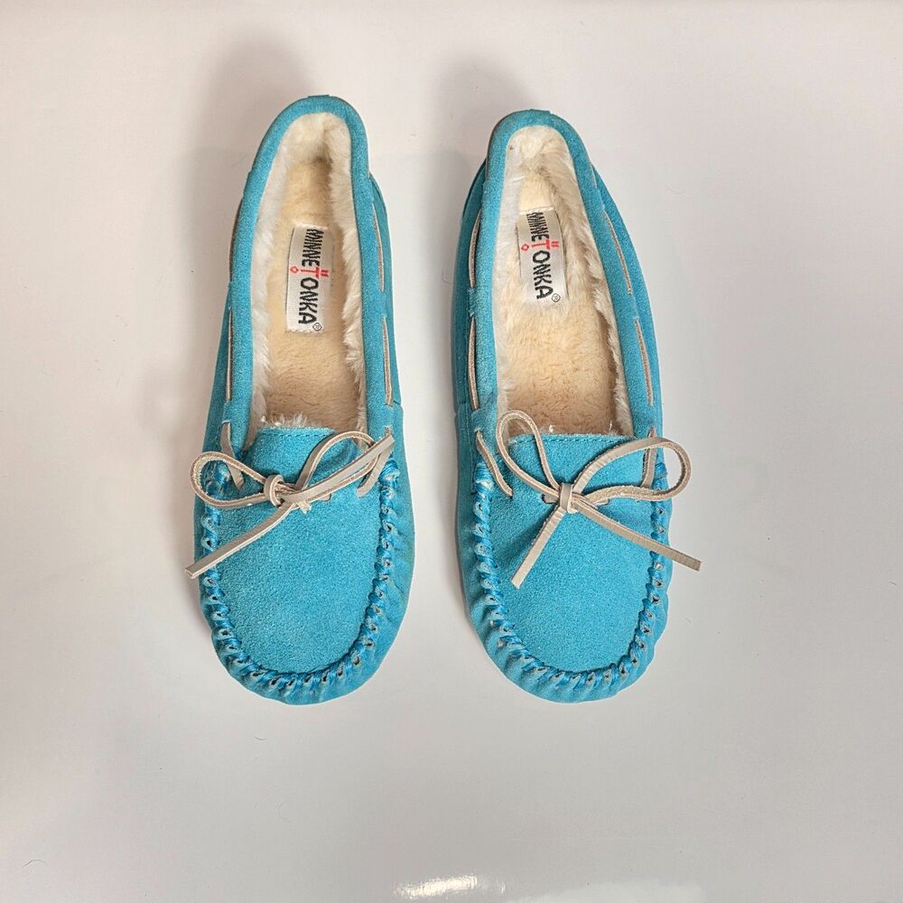 Minnetonka Teal Suede Moccasins Slippers Size 9 Cabincore Lodge Western Cozy